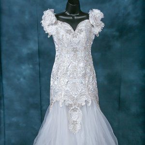 Vintage Wedding Dress + Vail  Mermaid White 4